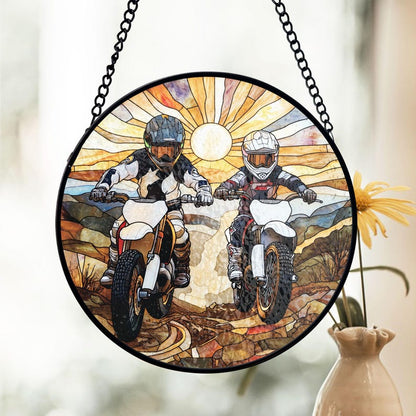 Dad And Son Dirt Bike Stained Glass Suncatcher
