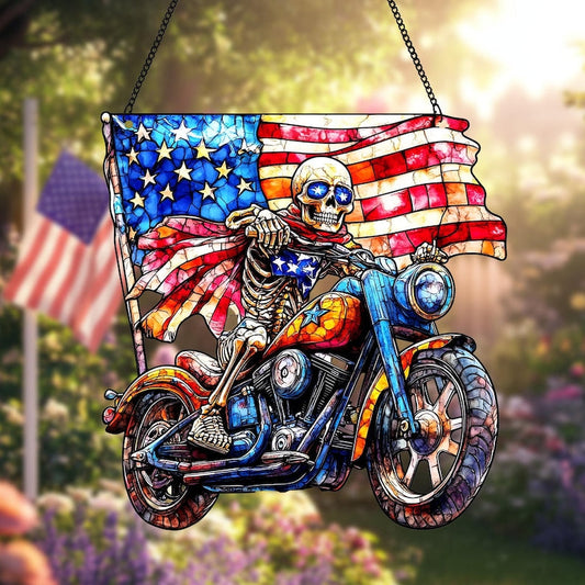 Skeleton Biker Faux Stained Glass Suncatcher