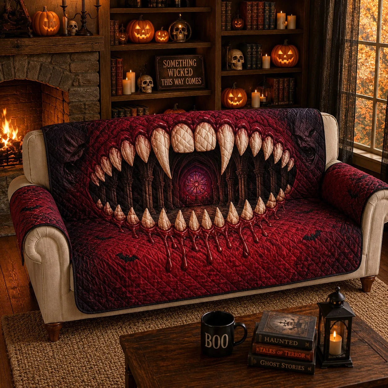 Crimson Cathedral Halloween Quilted Sofa Cover