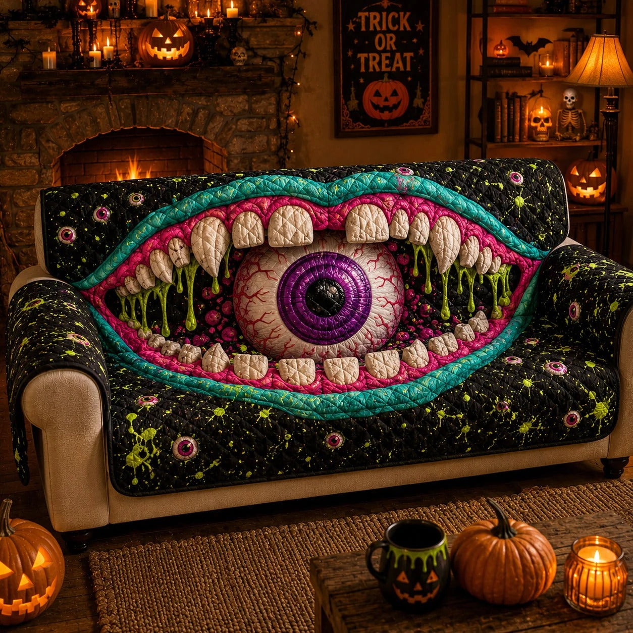 Eyeball Maw Halloween Quilted Sofa Cover