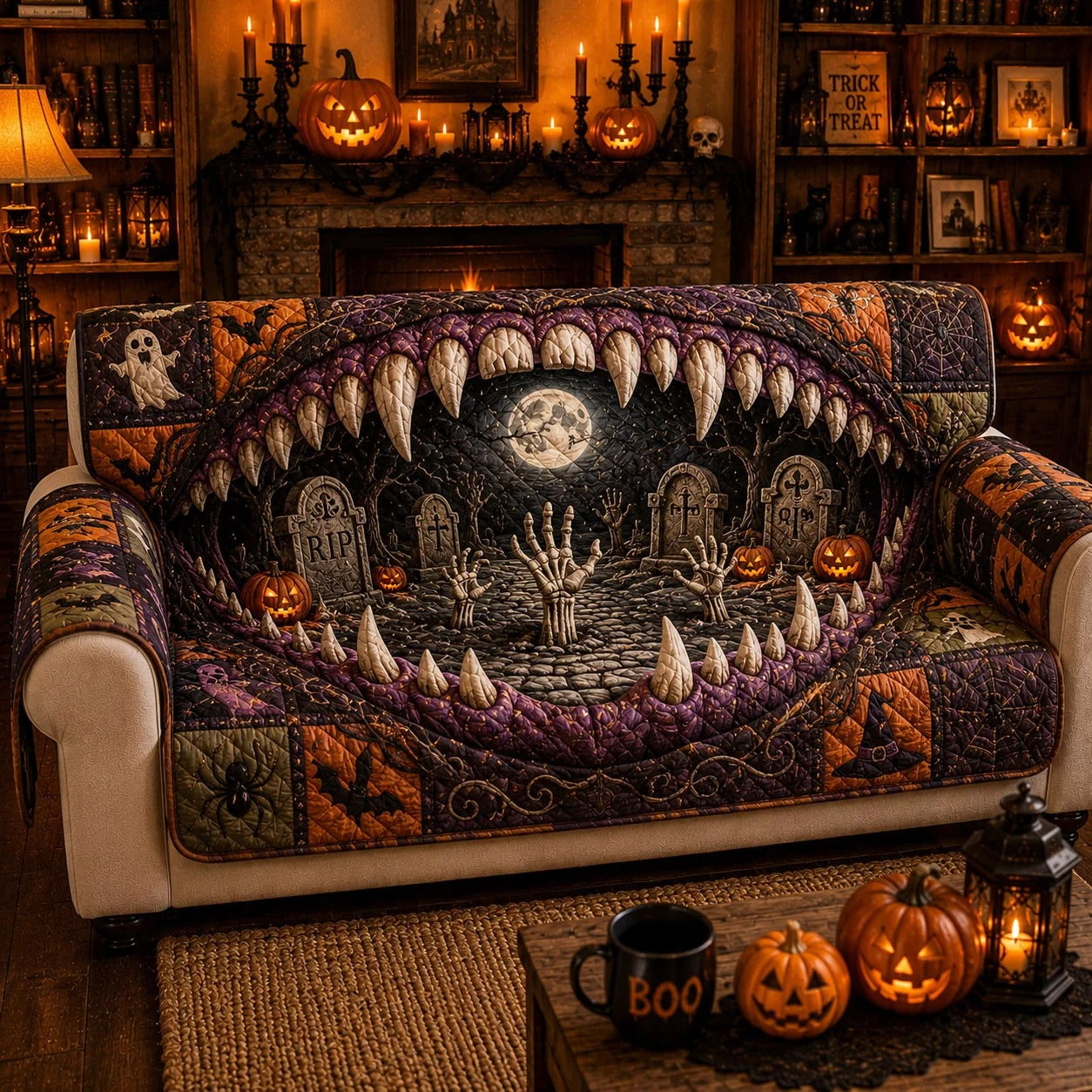 Graveyard Maw Halloween Quilted Sofa Cover