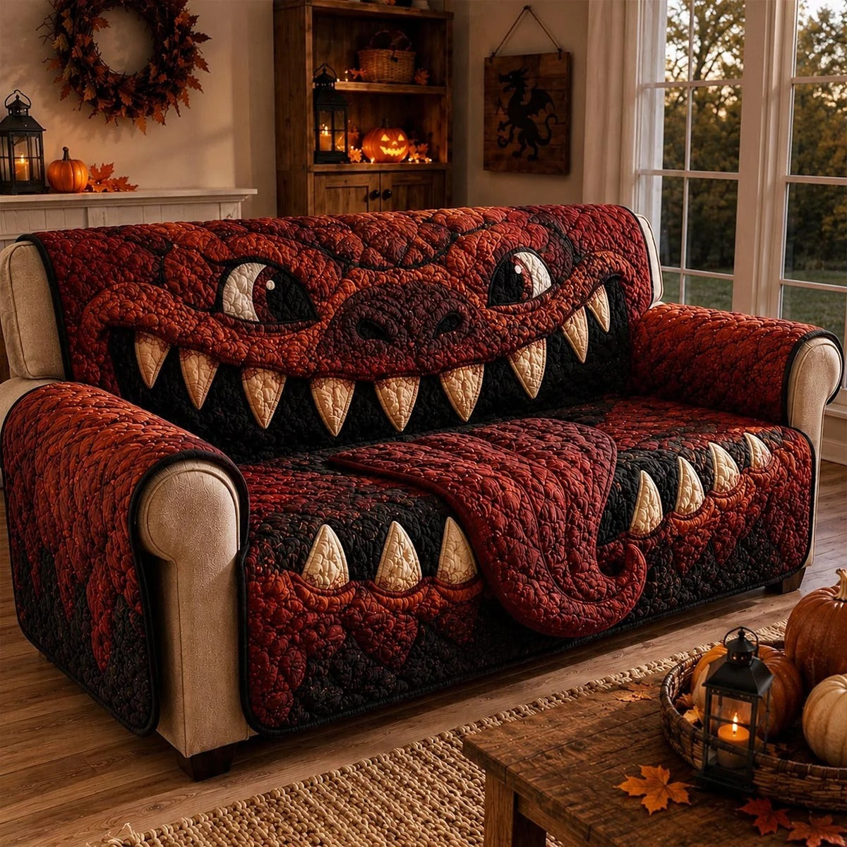 Red Dragon Maw Halloween Quilted Sofa Cover