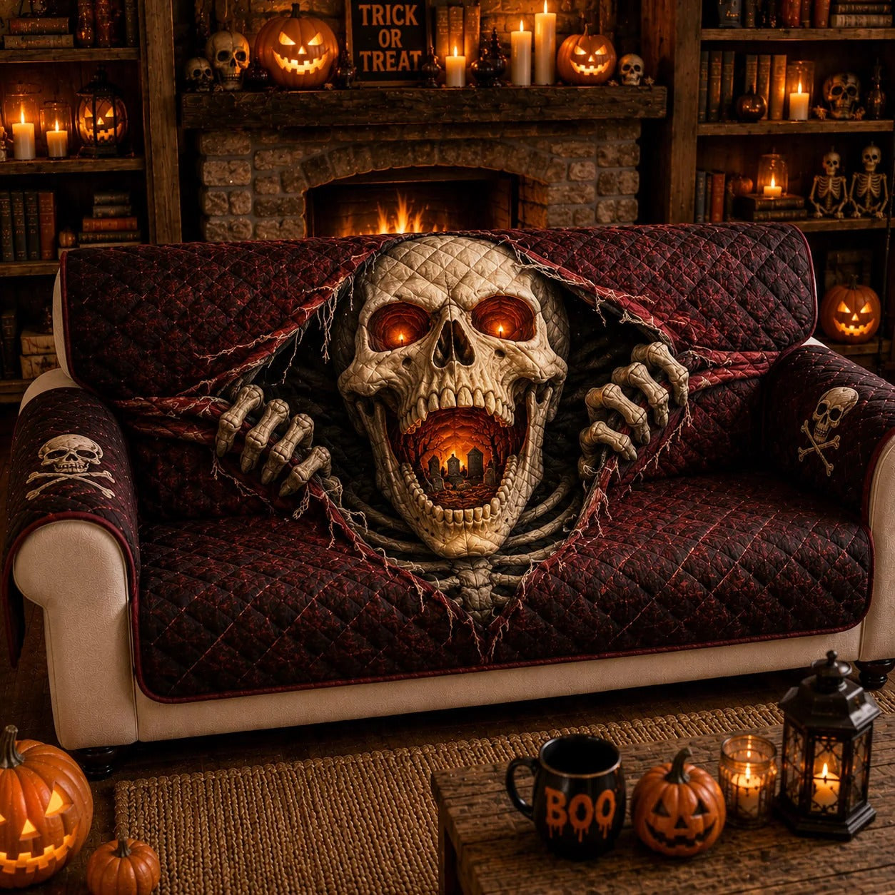 Haunted Skull Breach Quilted Sofa Cover