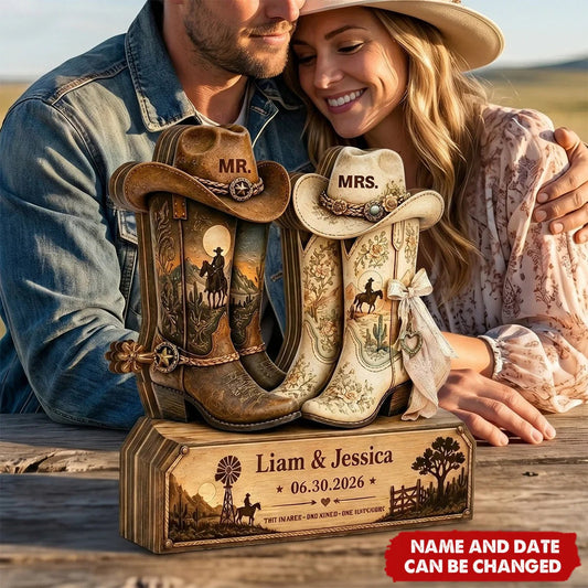 Personalized Cowboy Boots Wooden Block - Custom Rustic Wedding Gift for Couples Anniversary Decor