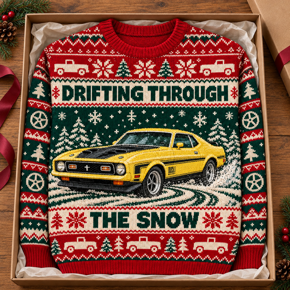 Drifting Through the Snow – Personalized Classic Car Ugly Christmas Sweater