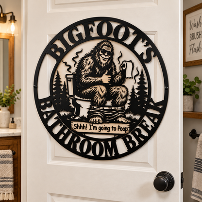 Funny Bigfoot Metal Wall Art – Sasquatch Bathroom Sign, “Shhh! I’m Going to Poop” Black Metal Silhouette Wall Hanging, Humorous Cabin Bathroom Decoration, Gift for Bigfoot Lovers