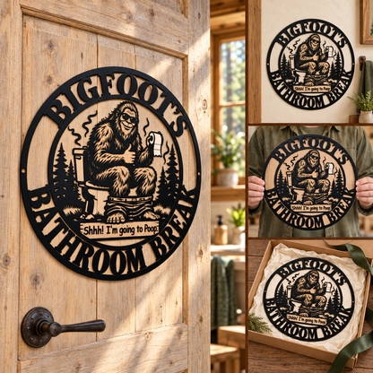 Funny Bigfoot Metal Wall Art – Sasquatch Bathroom Sign, “Shhh! I’m Going to Poop” Black Metal Silhouette Wall Hanging, Humorous Cabin Bathroom Decoration, Gift for Bigfoot Lovers