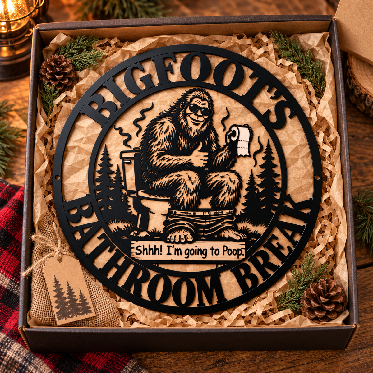 Funny Bigfoot Metal Wall Art – Sasquatch Bathroom Sign, “Shhh! I’m Going to Poop” Black Metal Silhouette Wall Hanging, Humorous Cabin Bathroom Decoration, Gift for Bigfoot Lovers