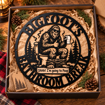 Funny Bigfoot Metal Wall Art – Sasquatch Bathroom Sign, “Shhh! I’m Going to Poop” Black Metal Silhouette Wall Hanging, Humorous Cabin Bathroom Decoration, Gift for Bigfoot Lovers