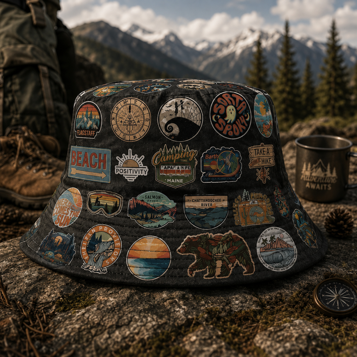 Classic Vintage Hiking & Camping All Over Bucket Hat