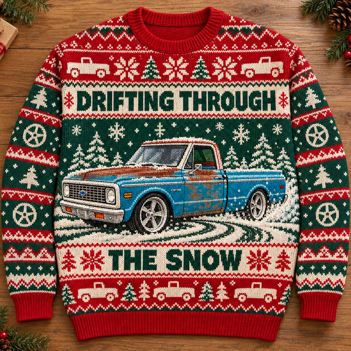 Drifting Through the Snow – Personalized Classic Car Ugly Christmas Sweater