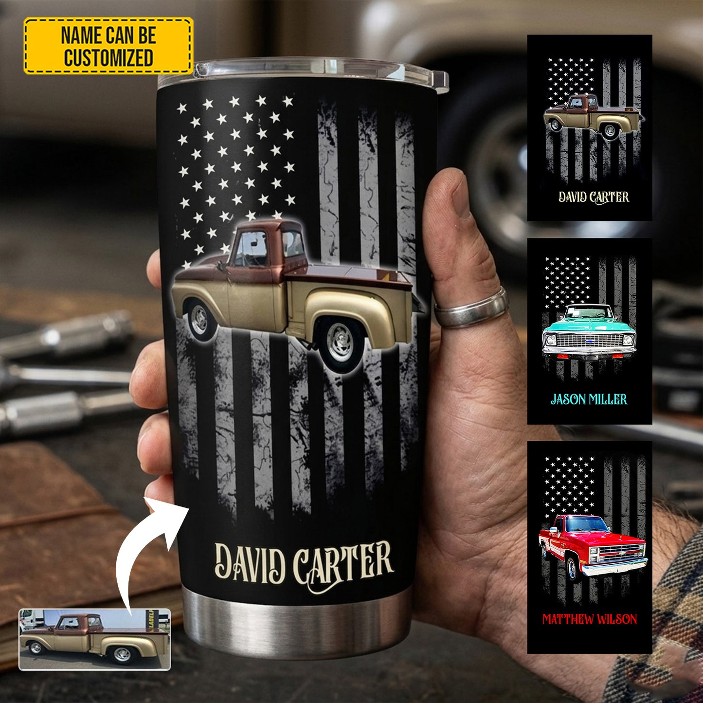 Personalized Classic Vehicle Tumbler – Vintage American Flag Gift