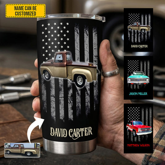Personalized Classic Vehicle Tumbler – Vintage American Flag Gift