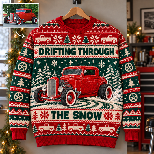 Drifting Through the Snow – Personalized Classic Car Ugly Christmas Sweater